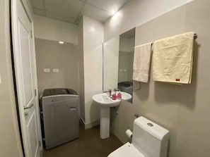 Ein modernes Badezimmer mit kompaktem Design, inklusive Toilette, Waschbecken und einer kleinen Waschmaschine.