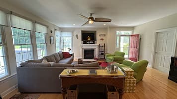 Smart-tv, eldstad, dvd-spelare och böcker