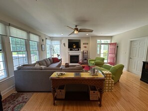 Smart TV, fireplace, DVD player, books