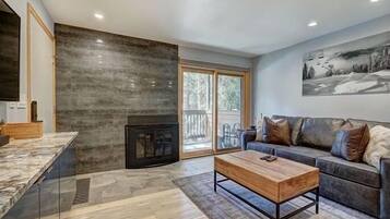 Televisión, chimenea y reproductor de DVD