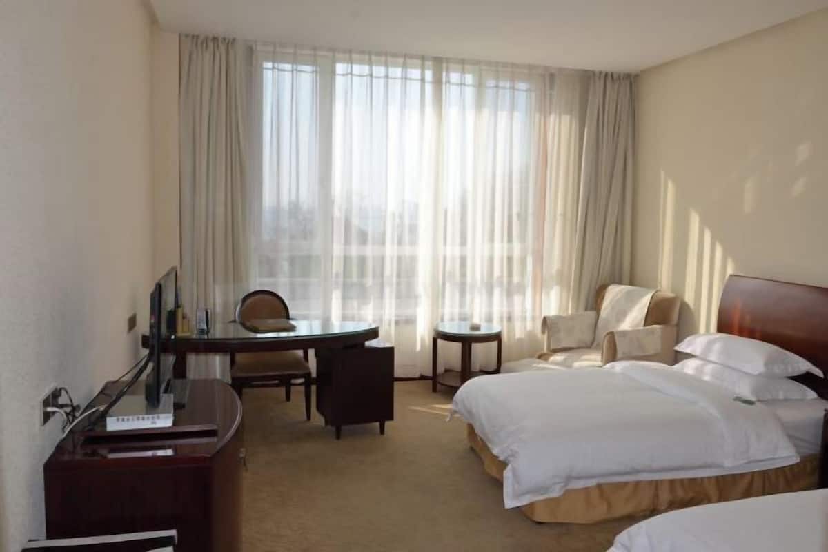 A hotel room with a bed, a desk, a chair, a small table, and a TV.