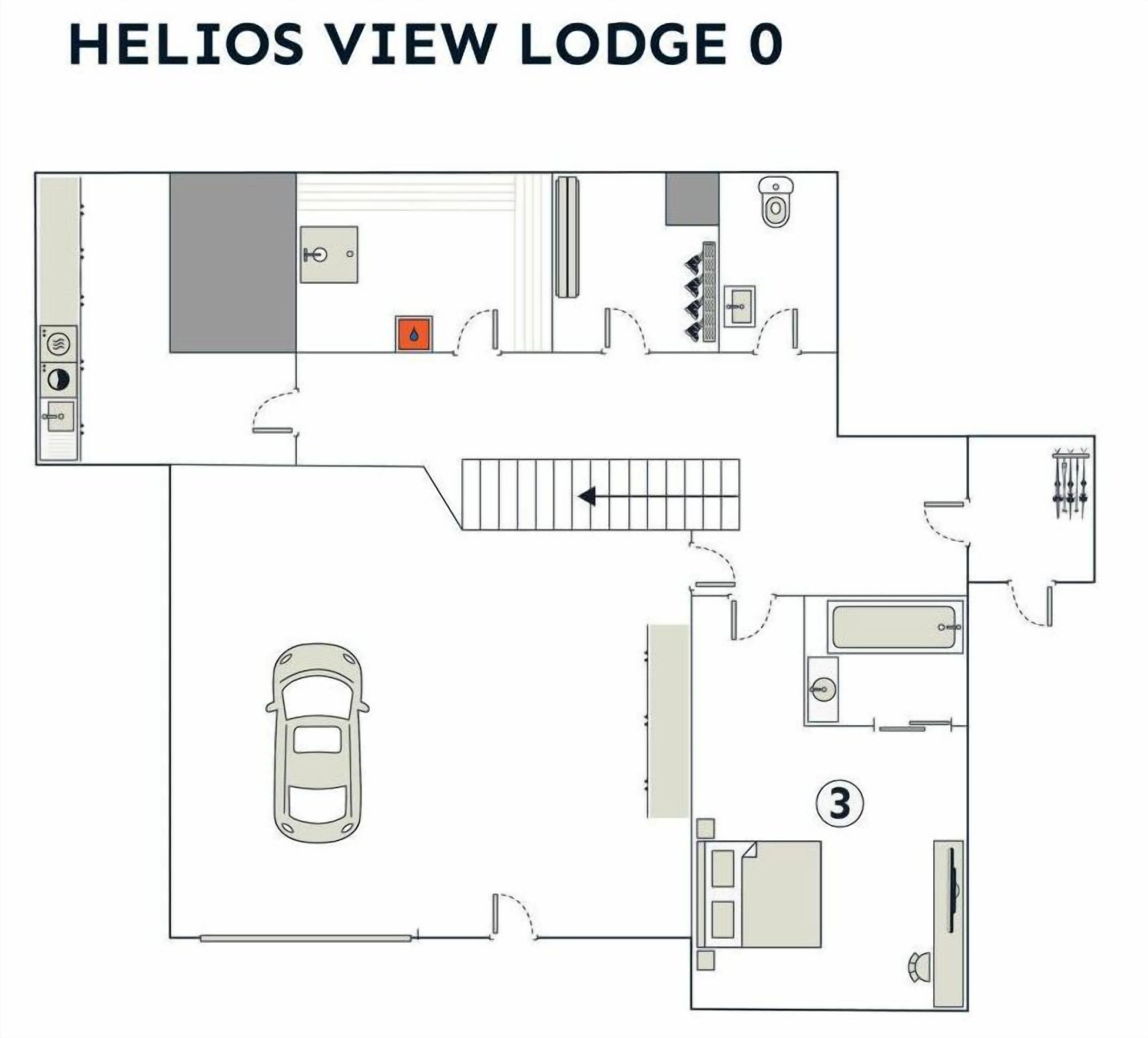 Plano de planta de Helios View Lodge 0, que incluye un estacionamiento, una cocina, un baño y una sala de estar.