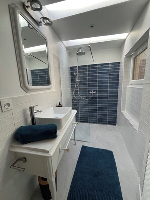 Hair dryer, towels, soap, toilet paper