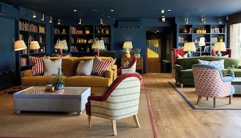 Un salón acogedor con un sofá amarillo, un sillón a rayas y otro sillón verde. Se ven estanterías llenas de libros y objetos decorativos.