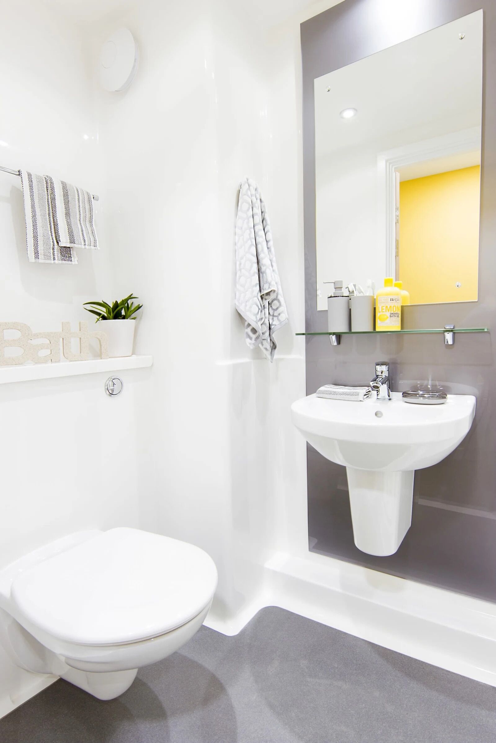 A modern bathroom with a white toilet, a sink, and a mirror. There are shelves with toiletries and a potted plant.