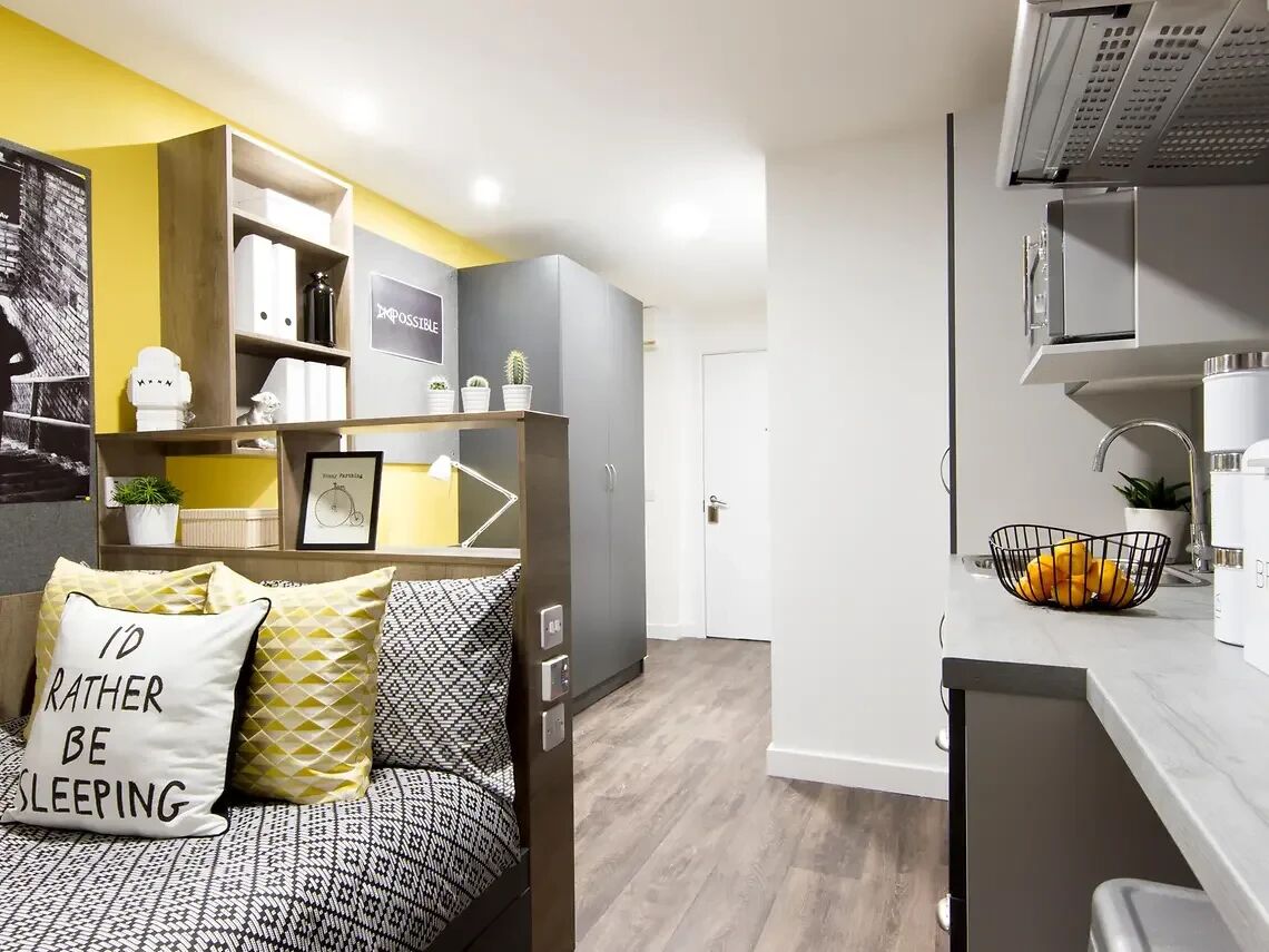 Un dormitorio moderno con cama, mesitas de noche y un armario. Cuenta con una zona de cocina con un lavabo, encimera y un frutero.