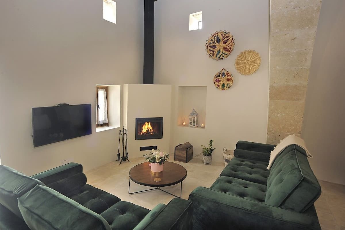 Una sala de estar con chimenea, sofás verdes, un televisor de pantalla plana y decoración mural.