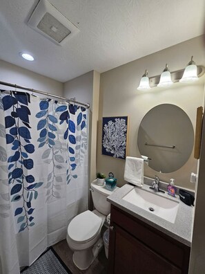 A bathroom with a shower curtain, toilet, sink, and a large mirror.