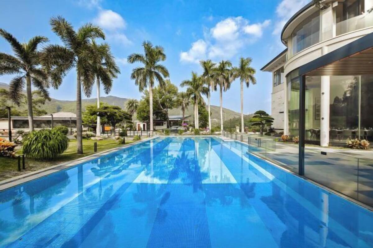 Une piscine bordée de palmiers et, en arrière-plan, un bâtiment moderne.