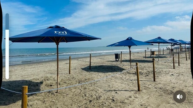 A beach with multiple umbrellas and a rope barrier.