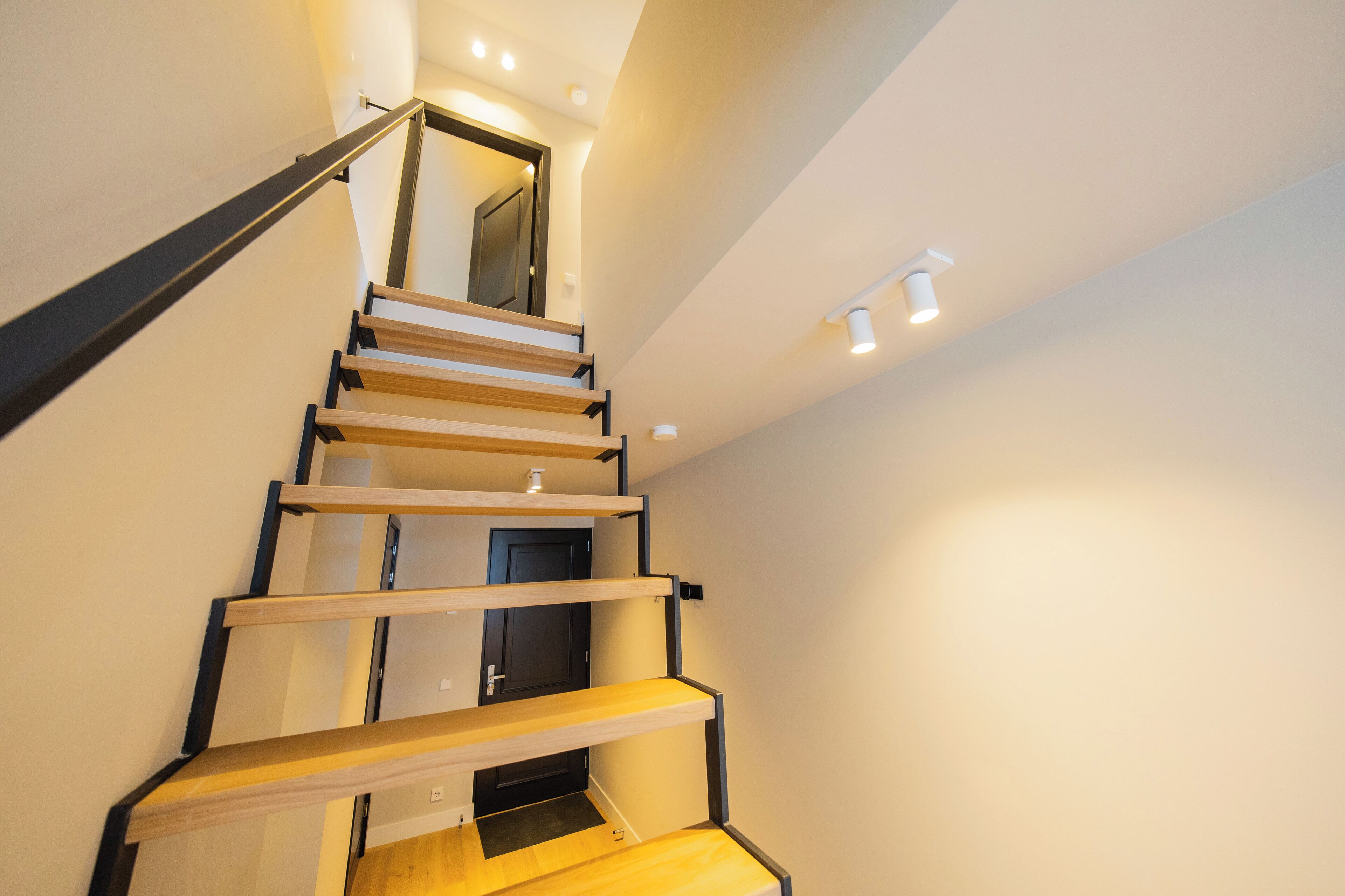 A modern staircase with wooden steps and black metal railings, leading to a landing with a door.