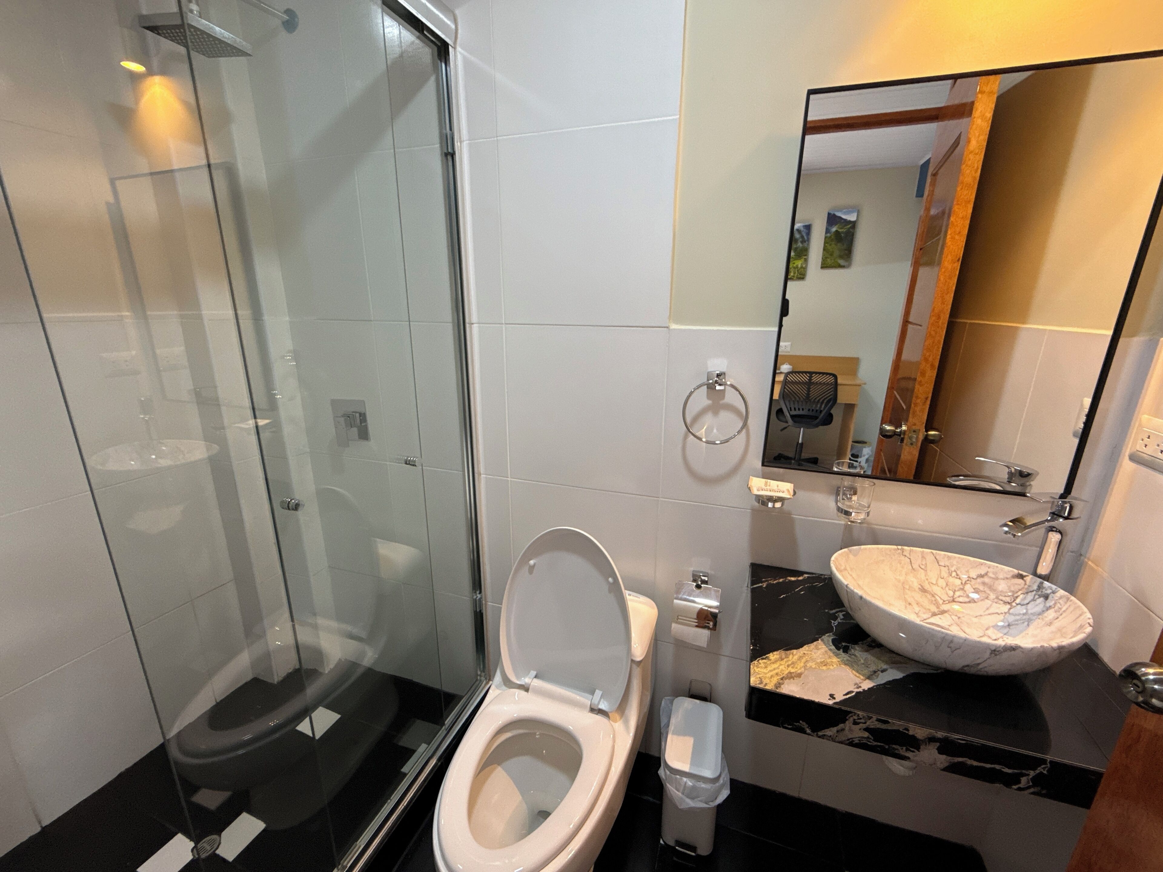A modern bathroom with a glass-enclosed shower, a white toilet, and a marble sink.