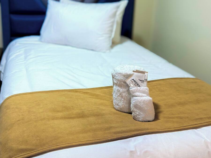 Una habitación de hotel con una cama, ropa de cama blanca, un cabecero azul y una manta marrón.