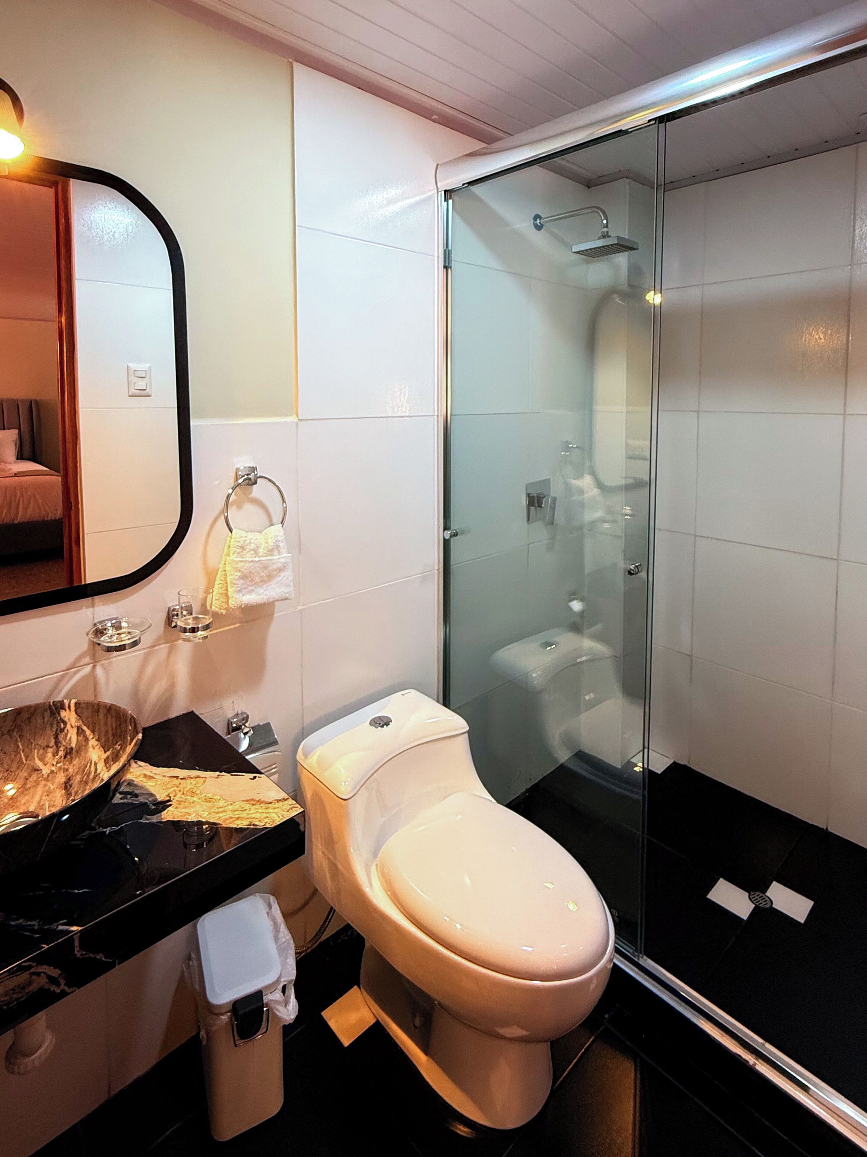 Ein modernes Badezimmer mit Toilette, Waschbecken und einer Glasdusche.