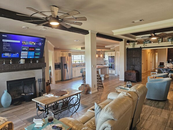 Smart TV, fireplace, video games, foosball