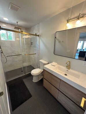 Shower, hair dryer, towels, soap