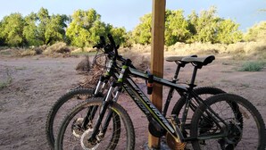 A mountain bike leaning against a wooden post in a dry, grassy area with trees in the background.