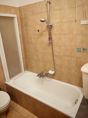 Hair dryer, towels, soap, toilet paper