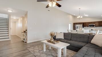 Smart TV, fireplace, DVD player, foosball