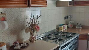 Eine Küche mit Gaskochfeld, Spüle und einer Arbeitsplatte mit einer Blumenvase.