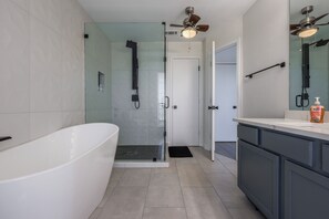 Shower, eco-friendly toiletries, hair dryer, towels