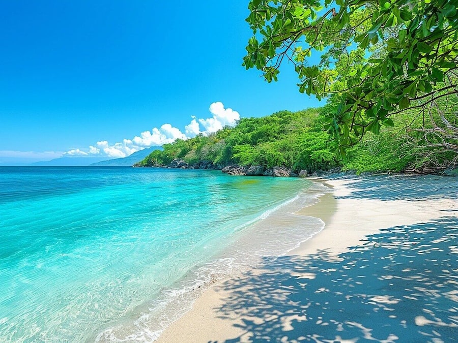 Una spiaggia nelle vicinanze, sabbia bianca, lettini da mare, ombrelloni