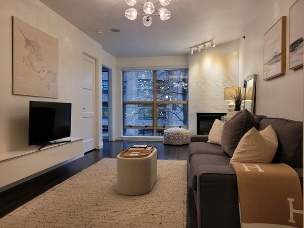 Smart TV, fireplace, books