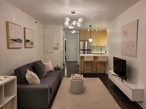 Smart TV, fireplace, books