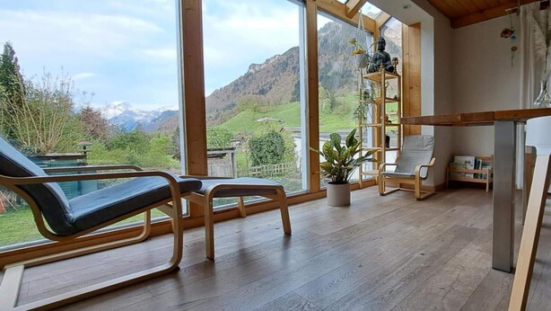 Una stanza con ampie finestre, pavimento in legno, un divano, una poltrona, un tavolino e uno scaffale con piante.