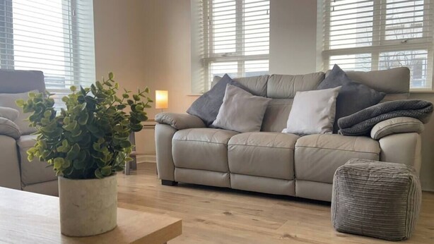 A living room with a beige sofa, a small ottoman, a wooden coffee table, and a potted plant.