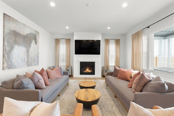 TV, fireplace, books