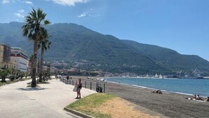 Une promenade en bord de mer, avec un palmier, une plage et une montagne en arrière-plan.