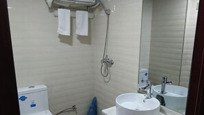 Une salle de bain équipée de toilettes, d’un lavabo, d’une douche et d’un miroir.