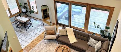 TV, fireplace, books