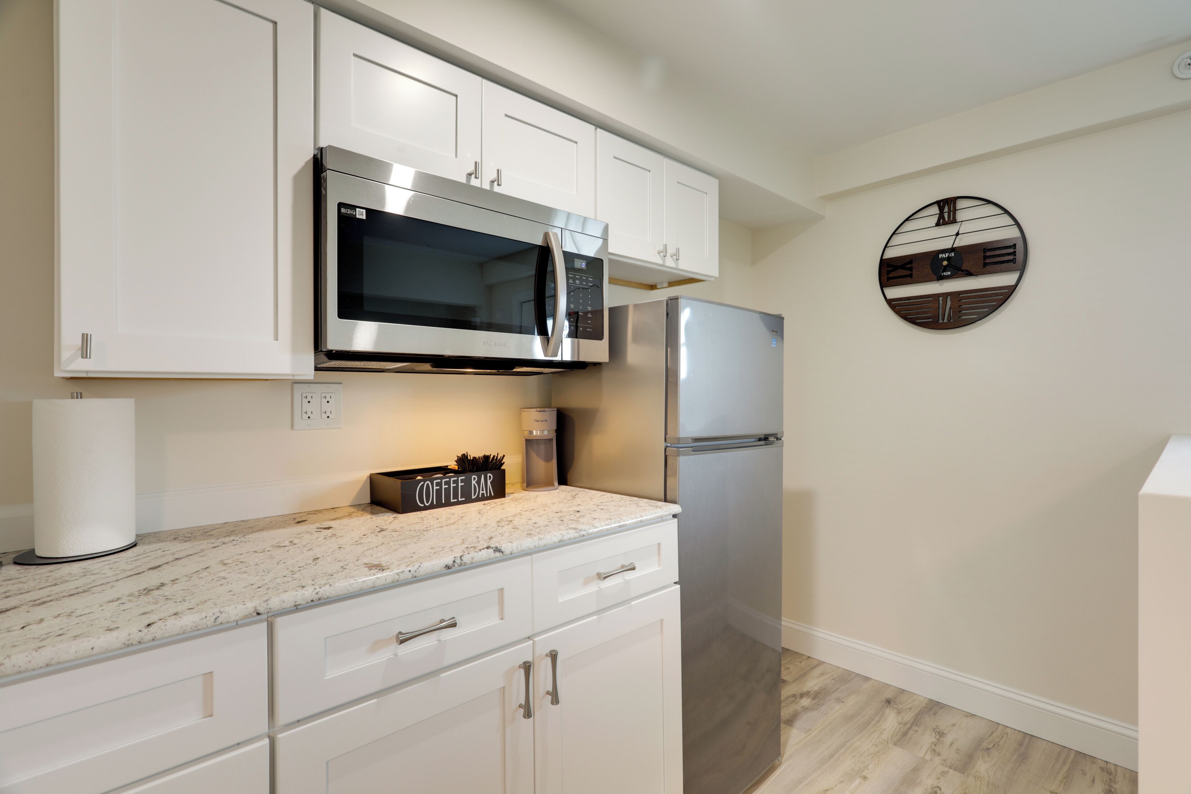 Fridge, microwave, coffee/tea maker, toaster