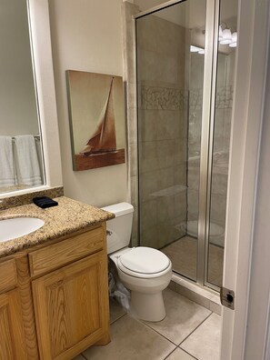 Hair dryer, towels, soap, toilet paper