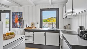 A modern kitchen with white cabinetry, a large window with a view of a hillside, and a fruit bowl on the counter. - Pet friendly home in Saltum with WiFi (Saltum)