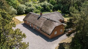 Une maison traditionnelle en briques, avec un toit de chaume, entourée d’une forêt dense et de vastes champs.