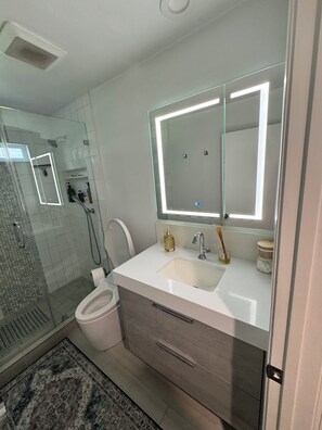 Regadera, secadora de cabello, bidet, toallas 