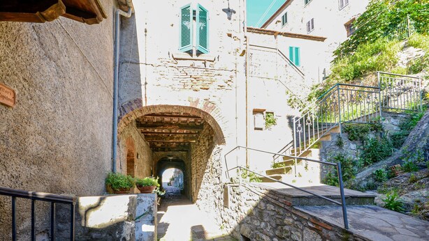 A narrow stone pathway leading to an arched stone bridge in a historic town. - Gorgeous apartment in Roccastrada with house a panoramic view (Roccastrada)