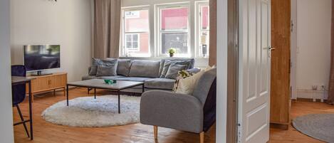 En moderne stue med en grå sofa, et fjernsyn og et træskab.