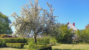 A garden with a large flowering tree, neatly trimmed hedges, and a house with a red chimney in the background. - Cozy home in Hammenhög with WiFi (Hammenhög)