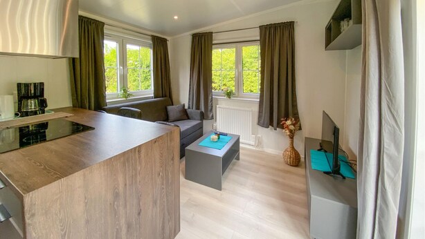 A modern living room with a wooden coffee table, a grey sofa, and a TV stand.