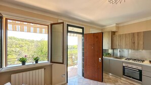A modern kitchen with a large window, a wooden door, and a view of greenery outside. - Pet friendly apartment (Soiano del Lago)