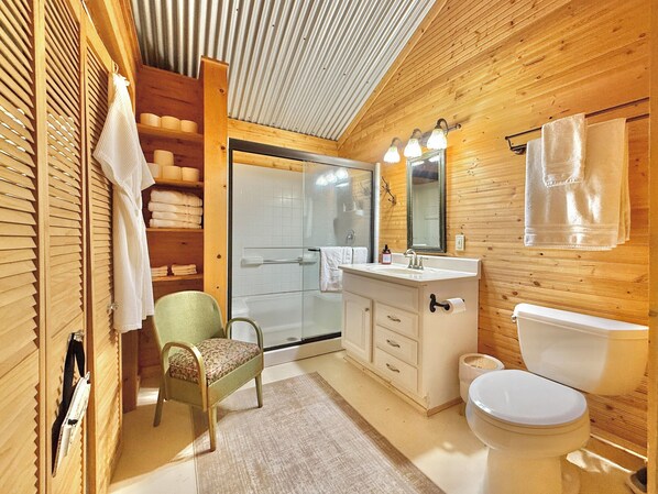 Shower, hair dryer, towels