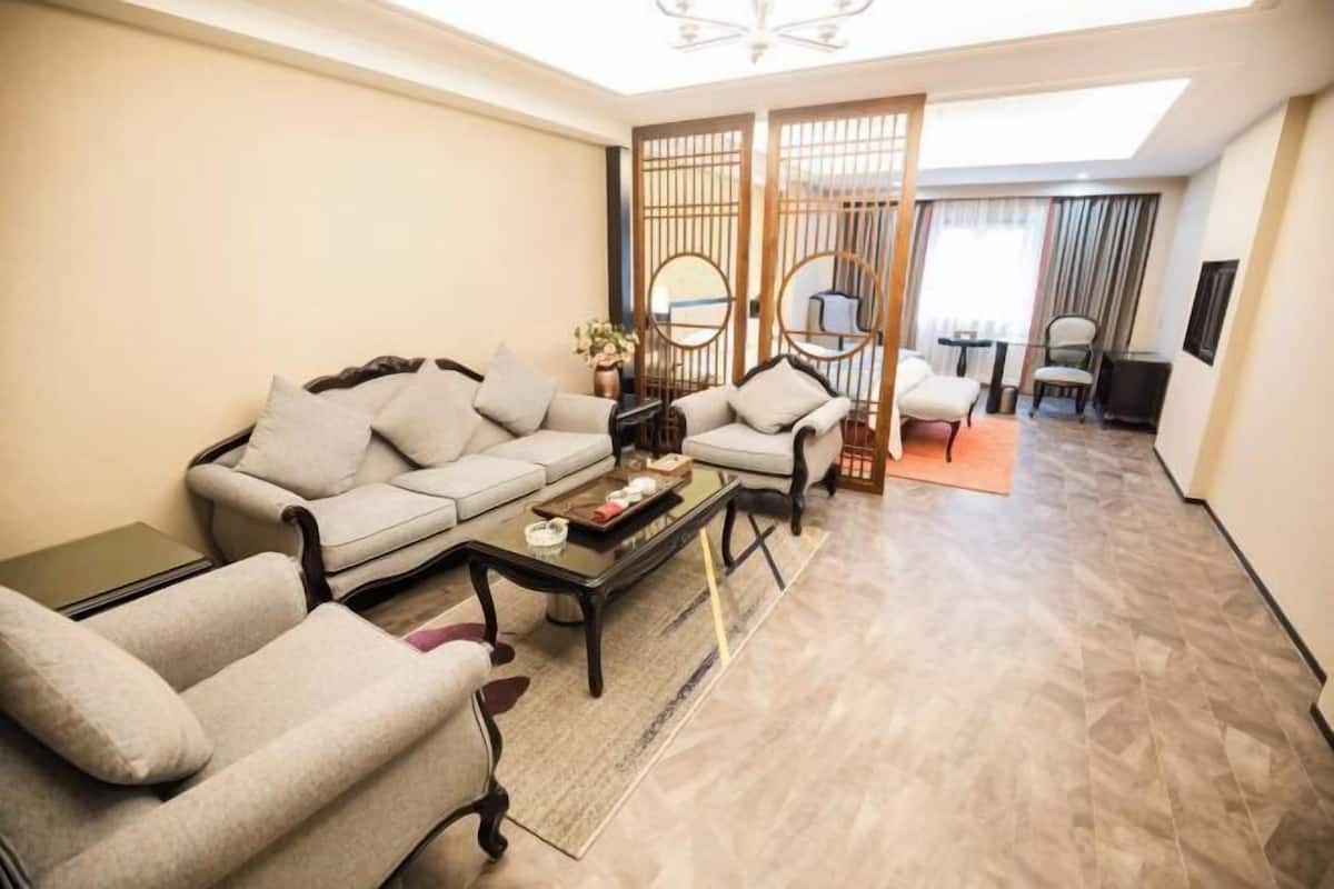 A modern living room with a sofa, armchairs, a coffee table, and a TV.