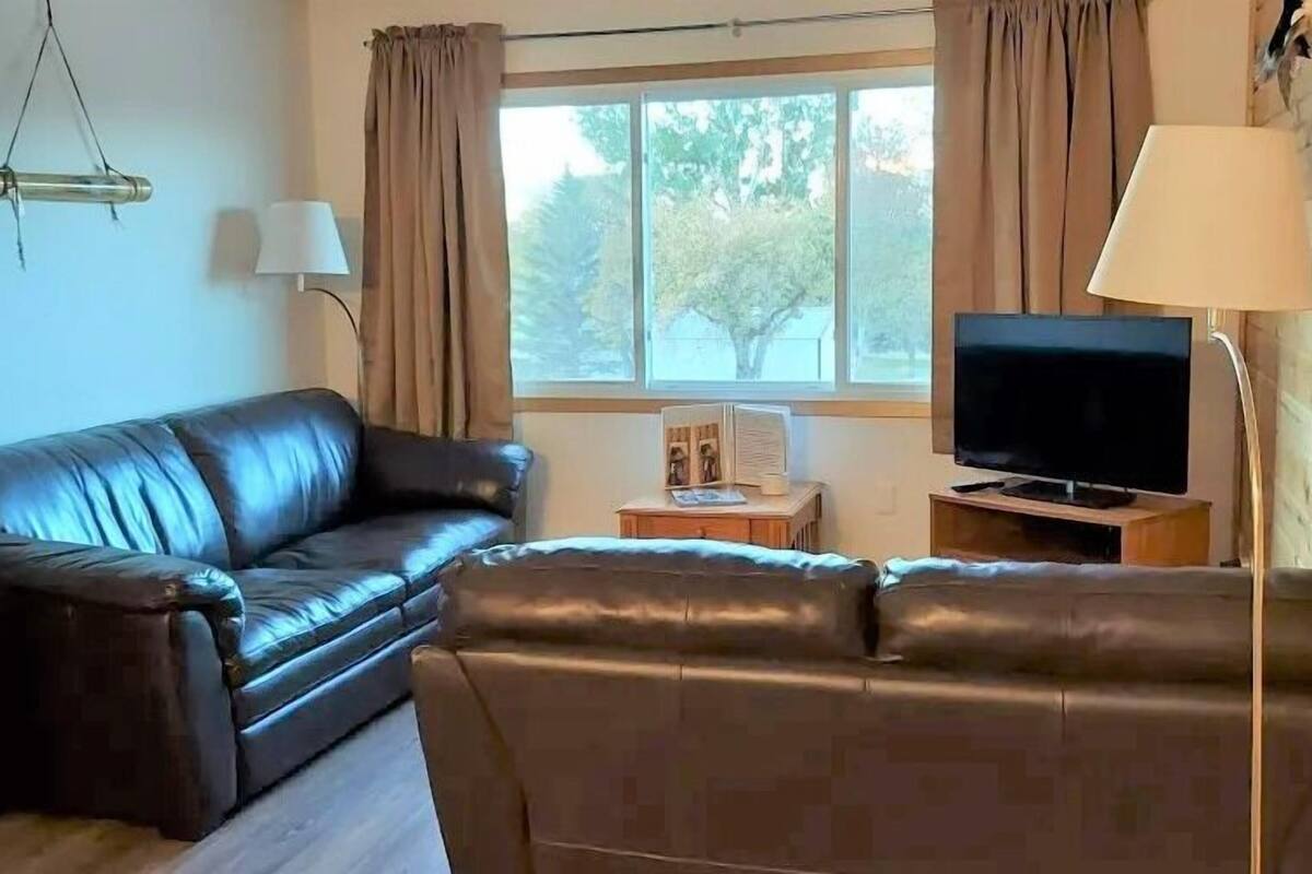 A living room with a leather sofa, a television, and a window with curtains.