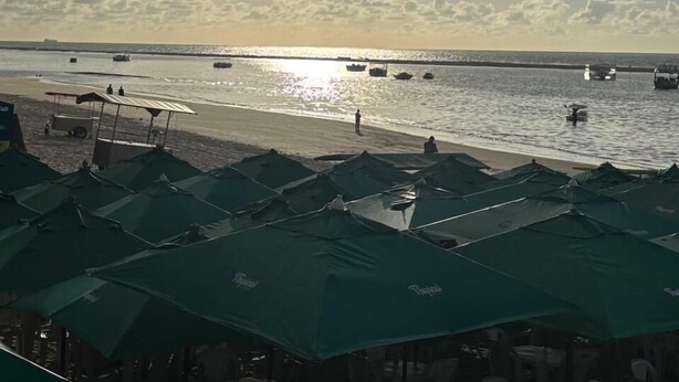 Une plage avec des parasols et des chaises, un ciel dégagé et un soleil éclatant.
