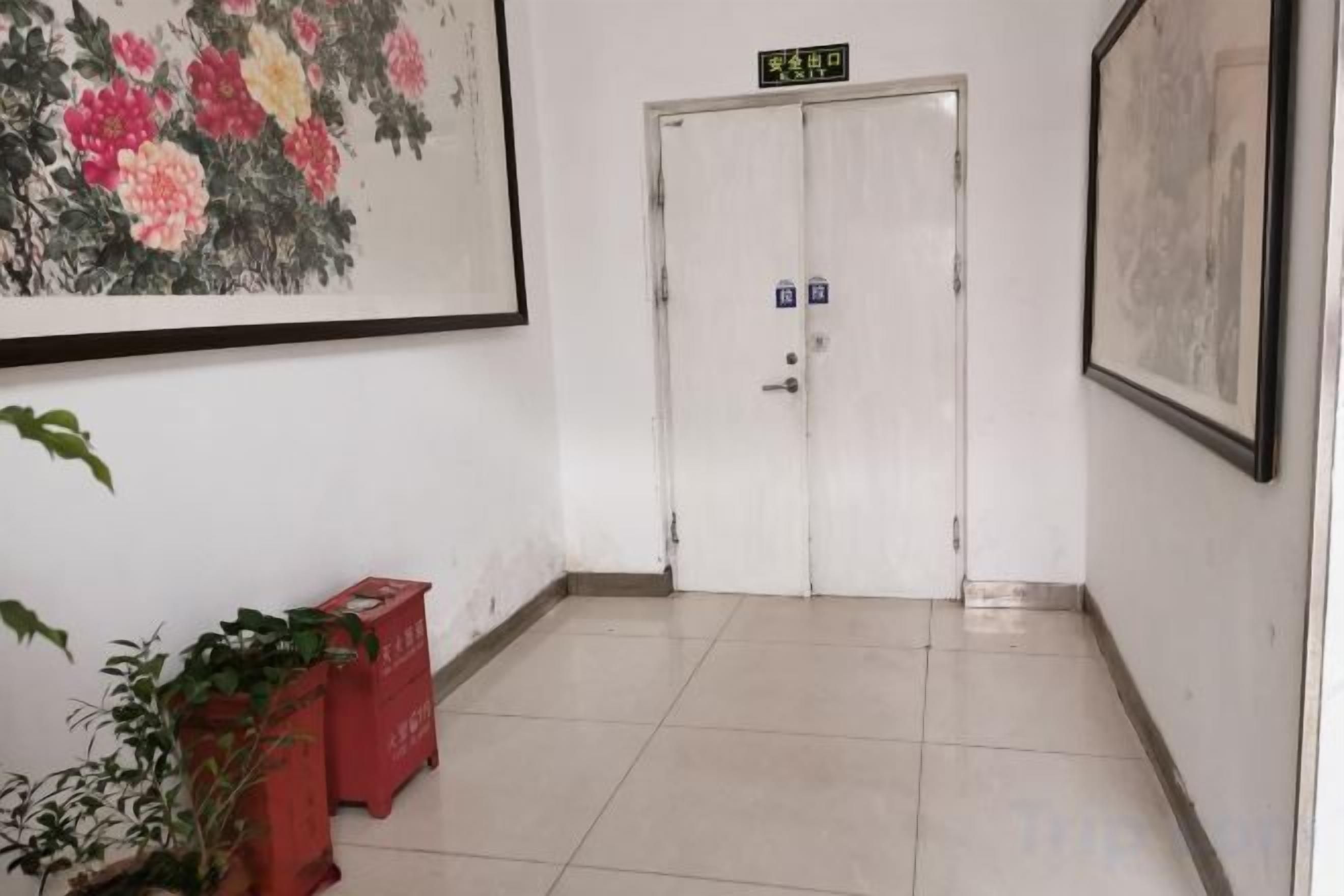 Un couloir avec une porte blanche, un tableau encadré accroché au mur et une plante en pot.