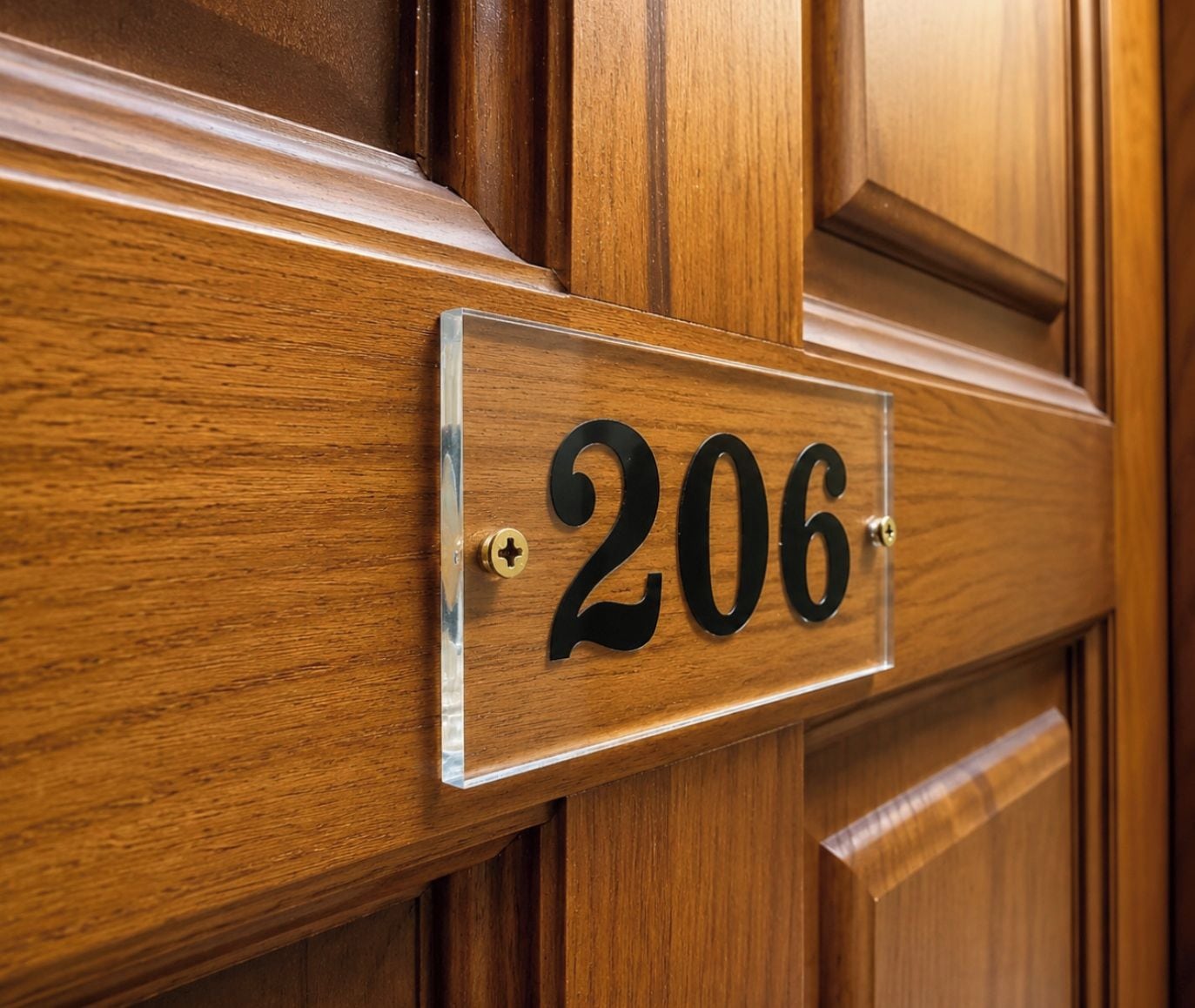 Una puerta de madera con una placa numerada que muestra el número 206.